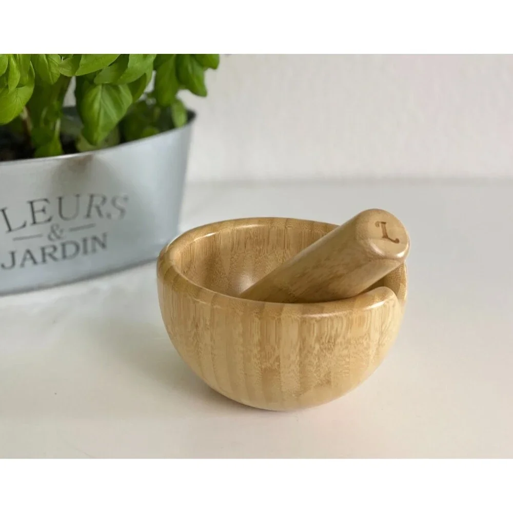 Loisa Bamboo Mortar & Pestle Set Garlic Pepper Press Grinder Crusher for Kitchen